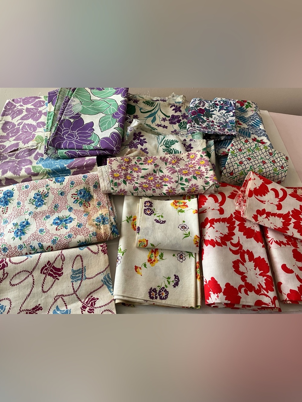 Vintage 60’s-70’s Floral Multicolor Cotton Fabric Lot Quilting Sewing Floral 3Pd